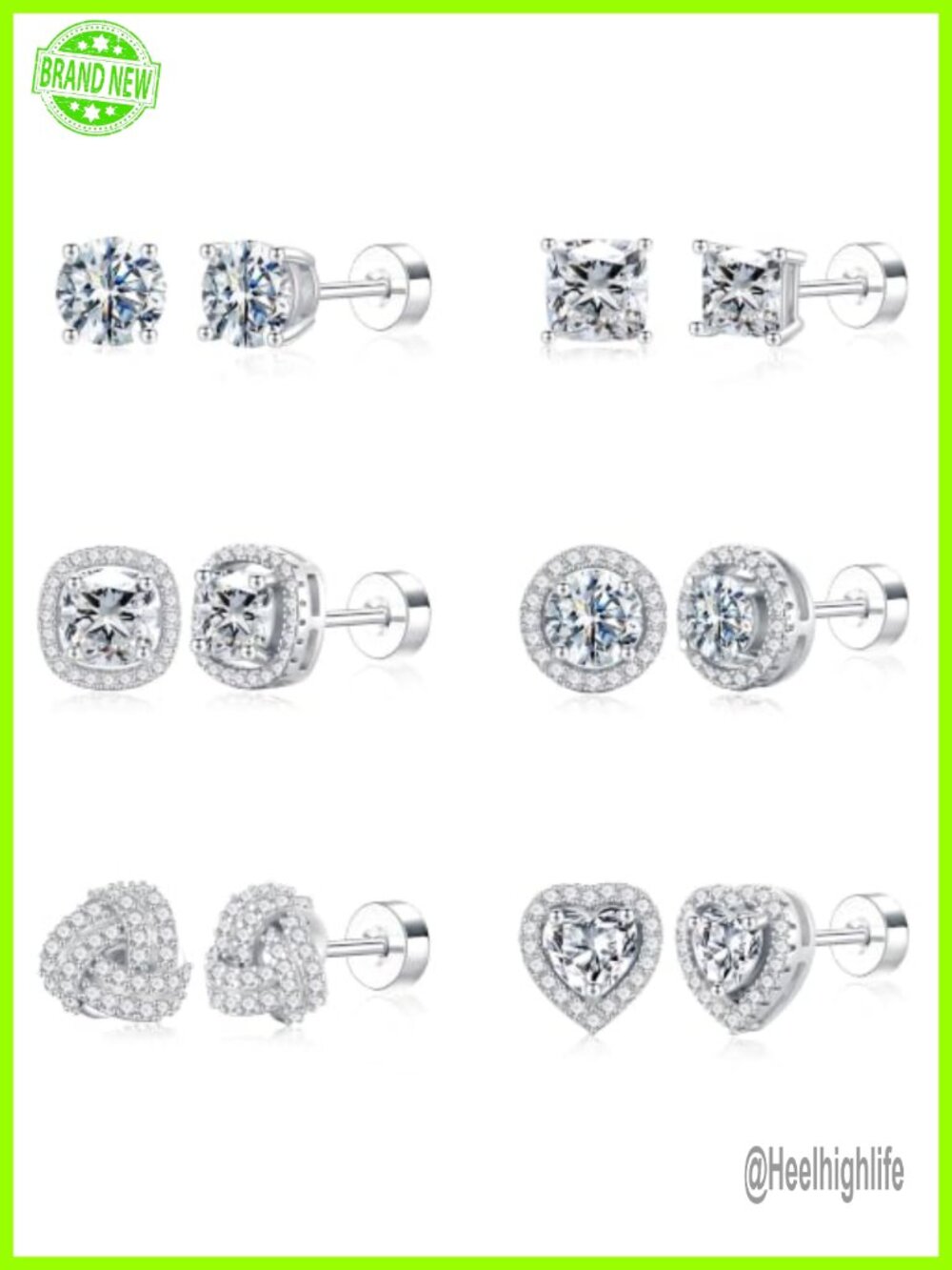 Hypoallergenic Flat Back Stud Earrings Set Silver Plated Brass Zircon